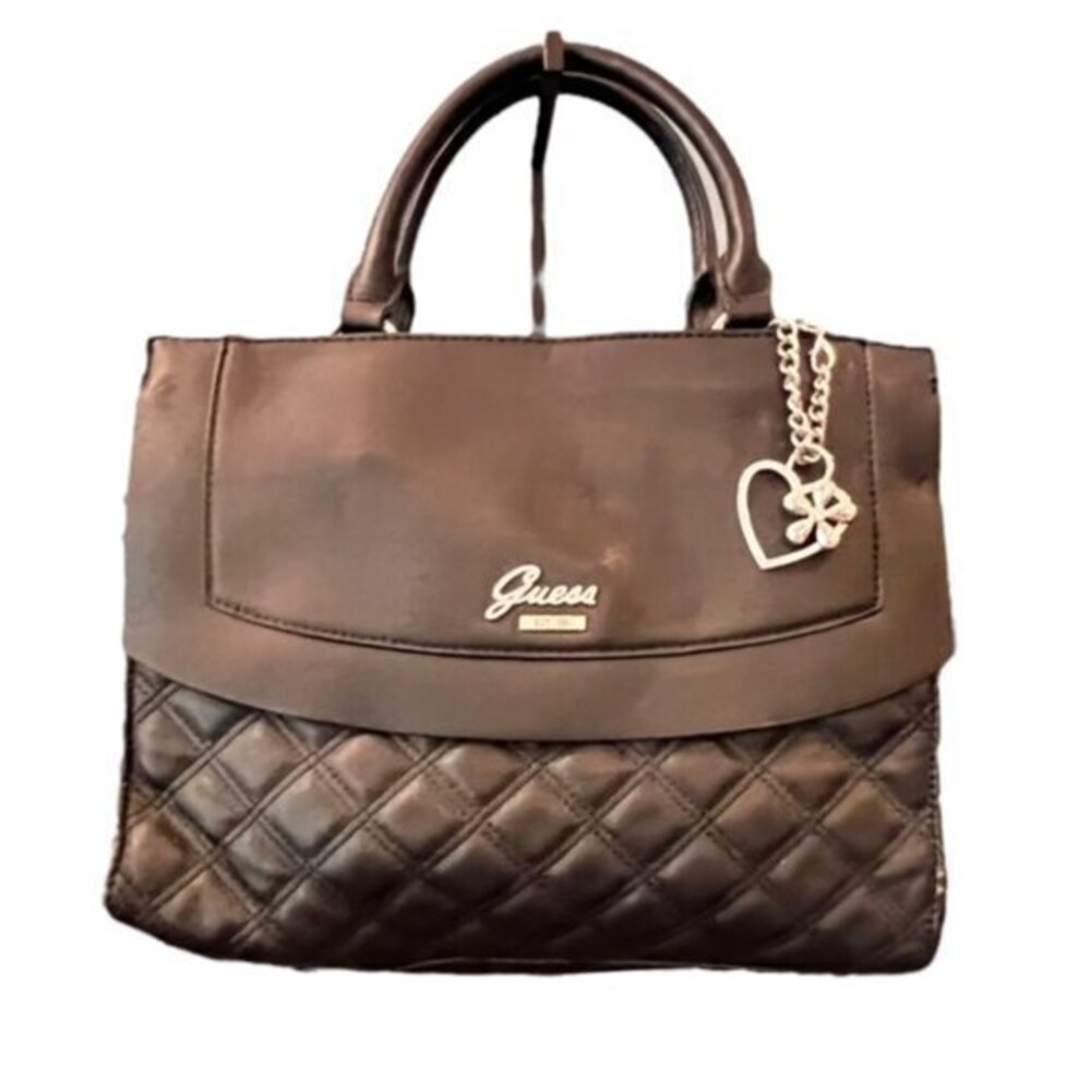 VTG Guess Black Faux Leather Monogram‎ Purse Satchel Handbag Bag Charm Quilted